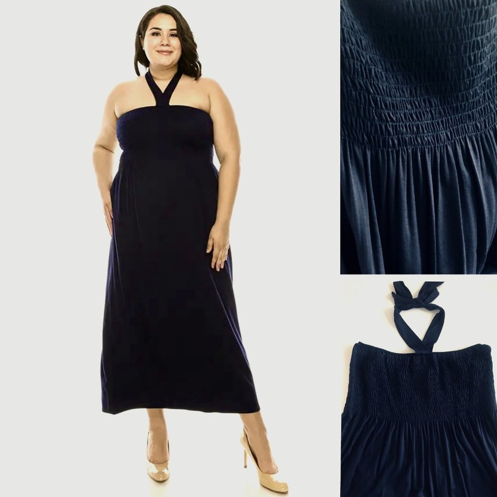 Azules Made in USA Smocked bodice soft Strapless Maxi Dress, 1X,2X,3X,Navy
